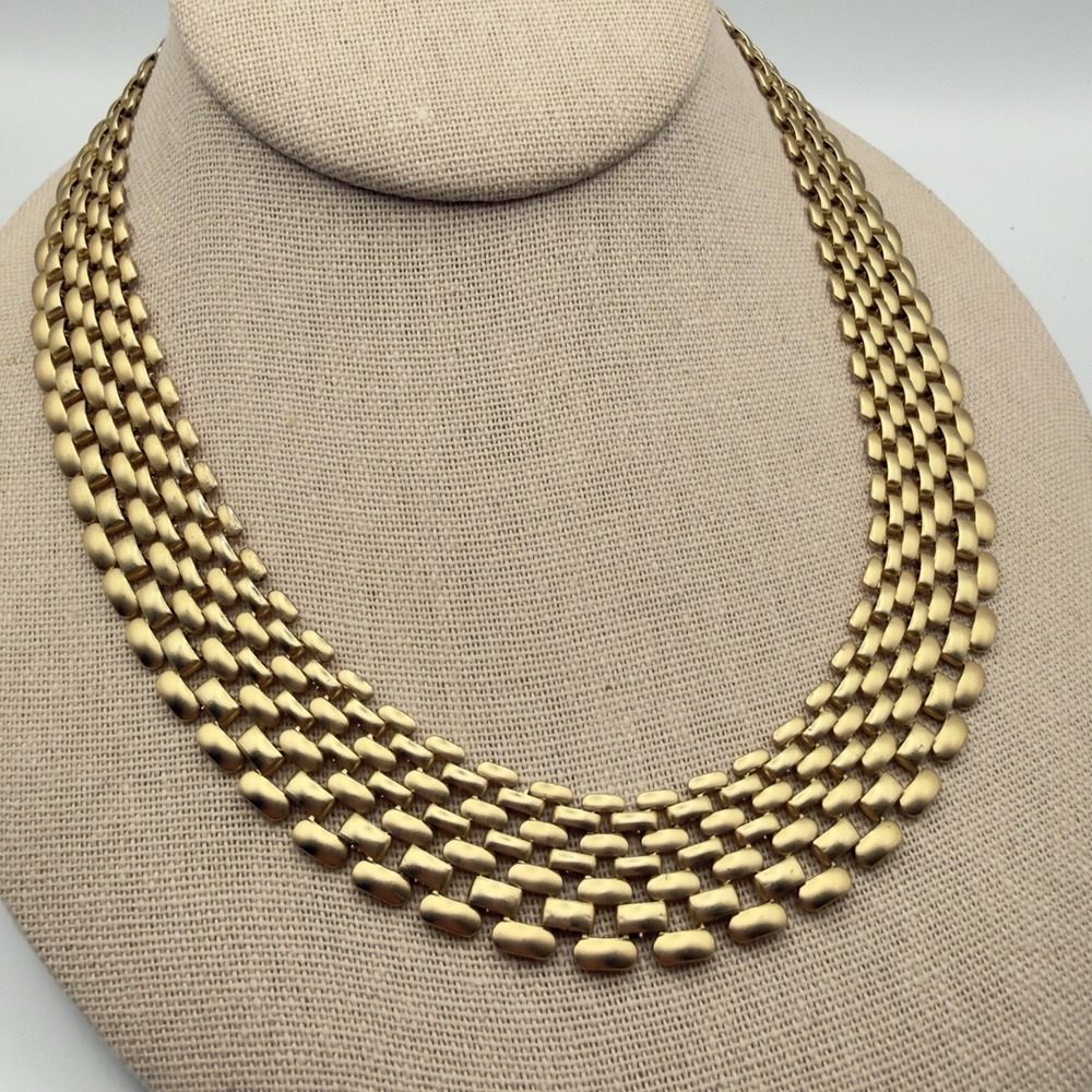 Vintage Gold Tone Woven Bib Necklace Wide mesh Chunky Statement Collar
